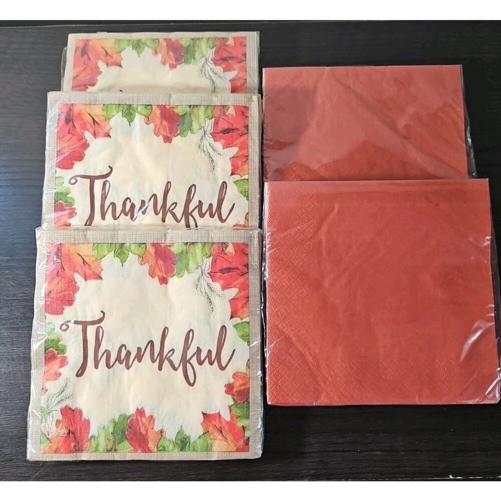 5 Packs of Thanksgiving Thankful Napkins 24 Per Pack Sealed Autumn Leaves